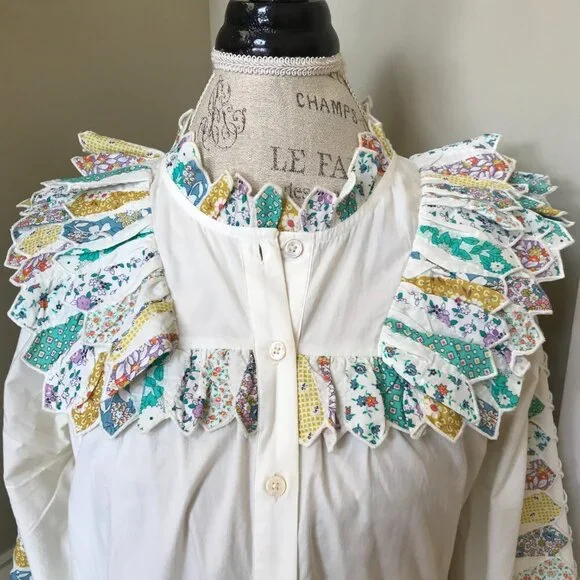 Sea NY Linden Patchwork Dress Womens XS Cream Blue Long Sleeve Ruffle Cotton - Picture 5 of 13